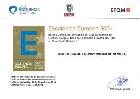 Certificado Sello 500+ Excelencia Europea Biblioteca Universidad de Sevilla